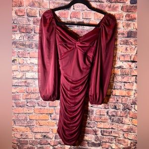 Maroon short dress with sheer see-through sleeves